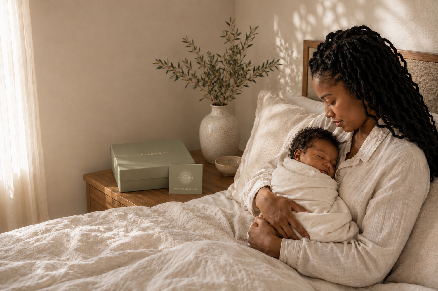 A woman in white pajamas holds a sleeping baby wrapped in a white swaddle on a bed, with a matching white and sage green box, the village box on a wooden nightstand beside her. The room has warm neutral tones, a vase with dried branches, and soft sunlight casting shadows.